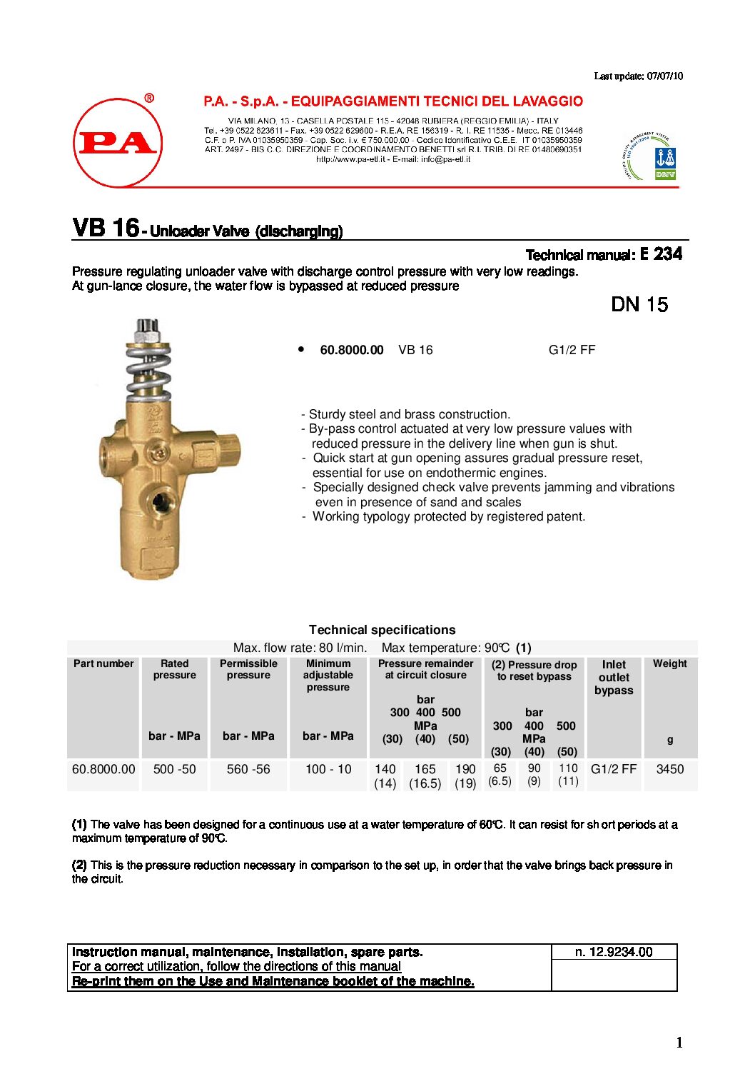 PA VB16 Unloader Valves